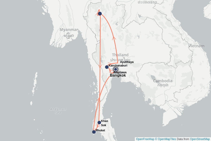 Itinerary Map image for Thailand: Tempel, Dschungel & Traumstrände