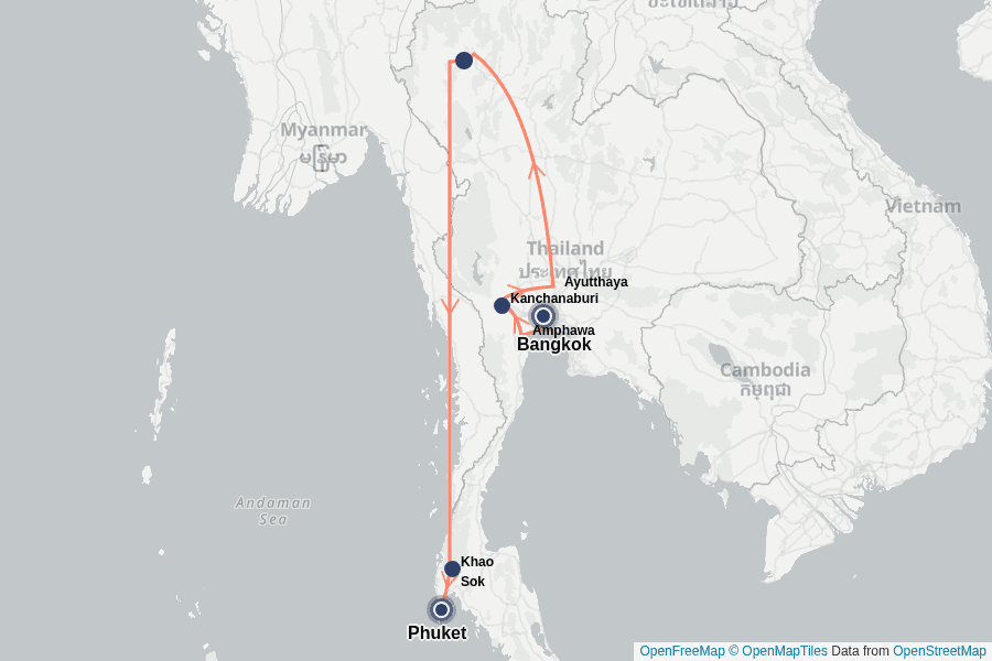 Itinerary Map image for Thailand Highlights  – Kultur, Natur & Strände